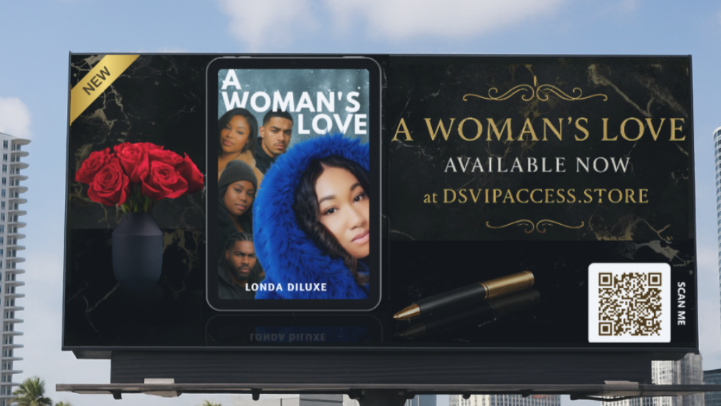 Billboard advertising 'A Woman's Love' with a cityscape background